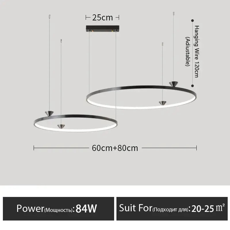 Modern black italian style led pendant light with circular shape and adjustable hanging wires for living room use