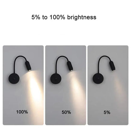 Modern black knob switch led gooseneck reading lamp with adjustable wall mount shown at varying brightness levels