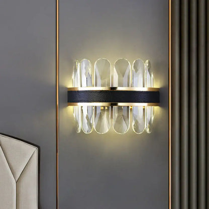 Modern black leather and crystal wall lamp with clear faceted crystals and gold accents for 220v-240v lighting