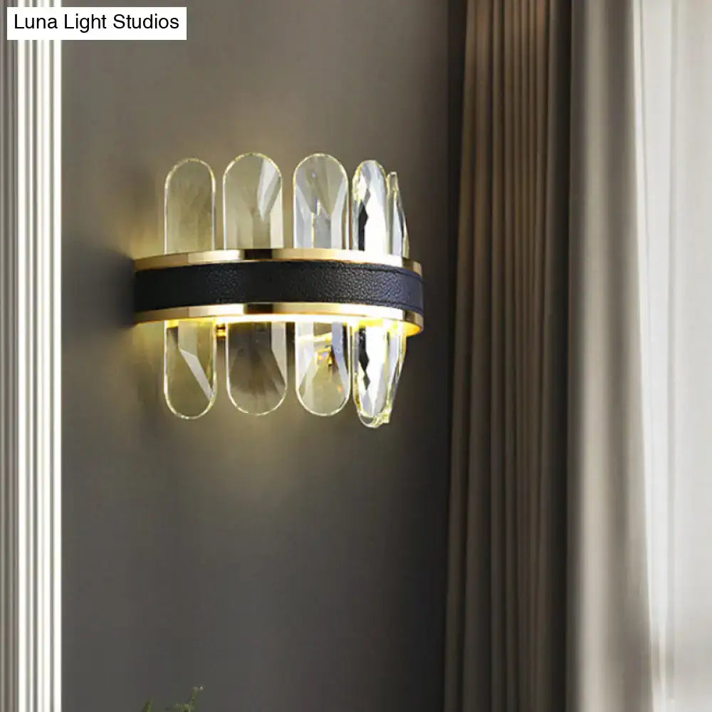 Modern black leather and crystal wall lamp with gold-toned frame and textured band for bedroom 220v-240v lighting