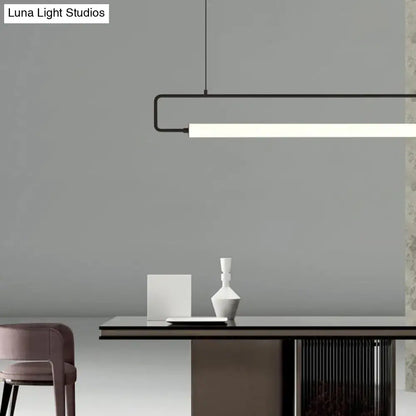 Modern black led ceiling pendant island lighting with a sleek rectangular design and white illuminated strip for dining table