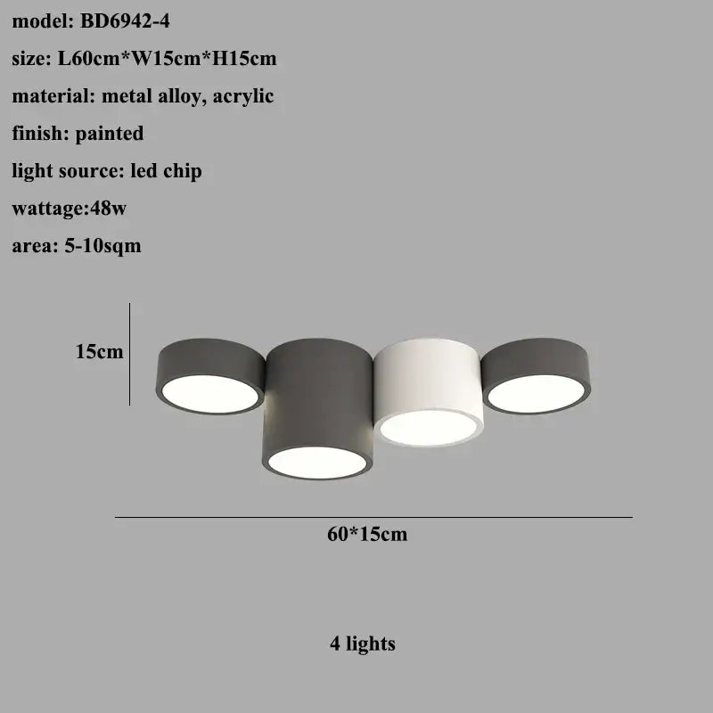 Modern black led ceiling lamp with four cylindrical matte gray and white shades made of metal alloy and acrylic