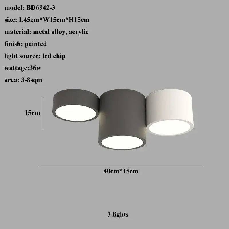 Modern black led ceiling lamp with three cylindrical shades in dark gray and white made of metal alloy and acrylic