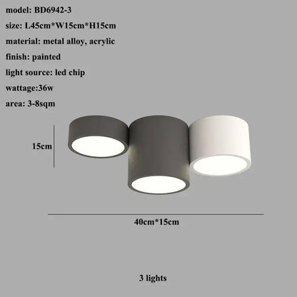 Modern black led ceiling lamp with three cylindrical shades in dark gray and white made of metal alloy and acrylic