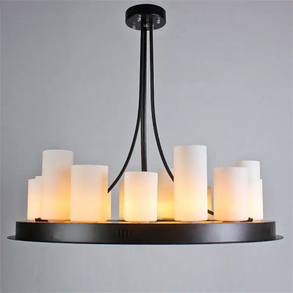 Modern black led chandelier with frosted candle-like bulbs and wine glass rack for dining room use featuring glass led design