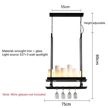 Black wrought iron and glass wine rack with adjustable height in a modern industrial glass led chandelier for dining room