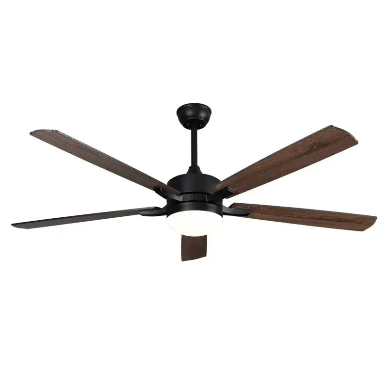 Modern black led modern indoor ceiling fan with five dark wood blades and central light fixture for bedroom use