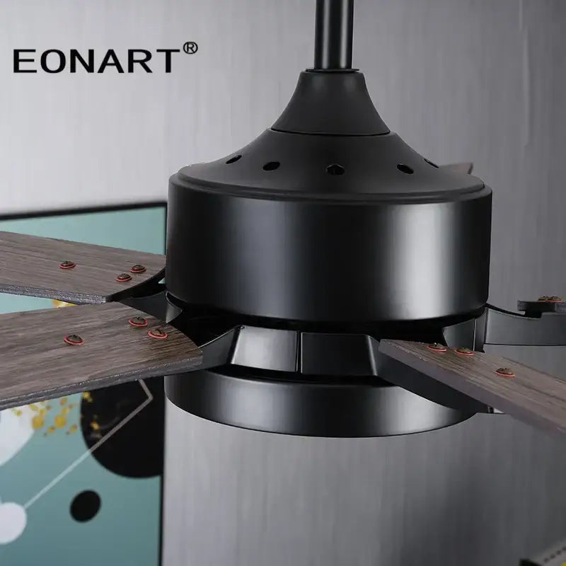Black metal modern indoor ceiling fan with wooden blades and copper fasteners for bedroom use with led modern indoor lighting