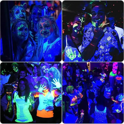 People wearing glowing neon outfits and face paint under led black light bar for halloween party decor
