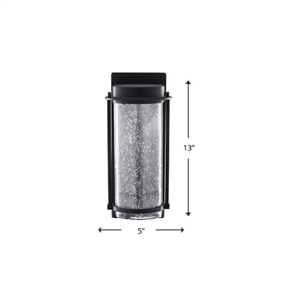 Modern black led outdoor wall sconce featuring a black frame and textured speckled rippled glass cylinder