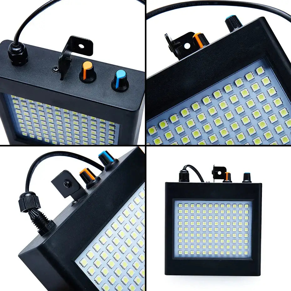 Modern black led rgb white strobe stage lighting panel with bright white leds and orange blue control knobs on top edge