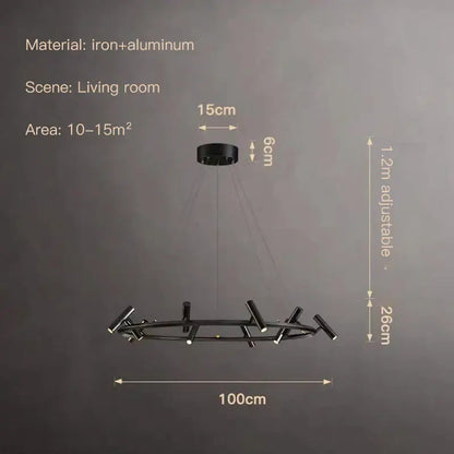 Modern black led spot chandelier featuring a circular iron and aluminum frame for living room decorbites black led lighting