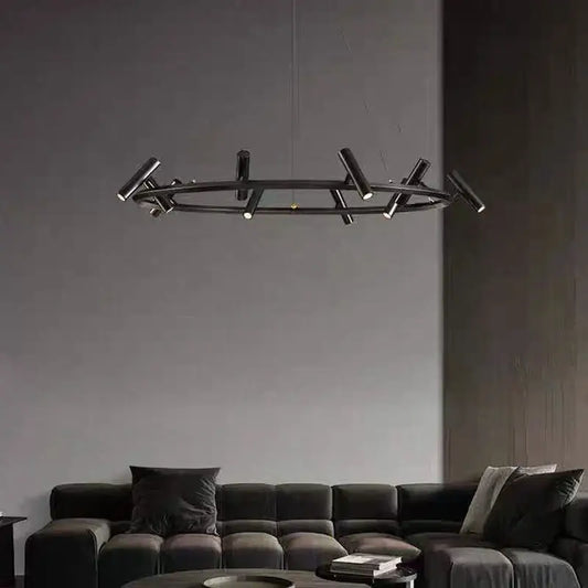 Modern black led spot chandelier with a circular metal frame and multiple angled light fixtures for living room decorbites black led