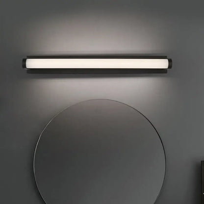 Modern black led vanity sconce wall light with tubular acrylic frosted glass diffuser emitting soft white light