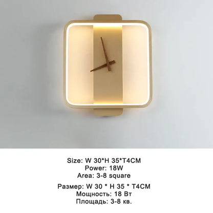 Modern black led wall clock lamp with warm led-lit face minimalist wooden hands and frame for living room decor