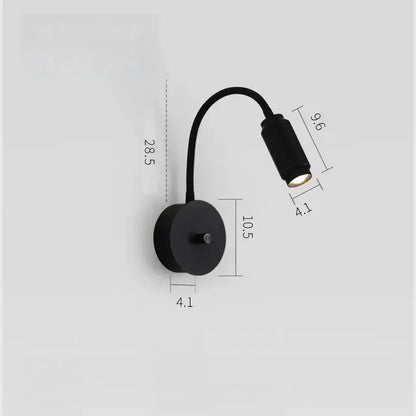 Modern black led wall lamp with adjustable focus and flexible gooseneck arm for bedroom reading use