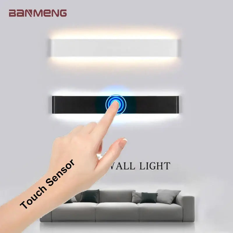 Modern black led wall lamp with touch sensor and blue illuminated button for bedroom decorbites led wall lighting