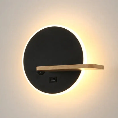 Modern black led wall lamp with wood shelves featuring a warm glow and integrated usb port for bedroom use
