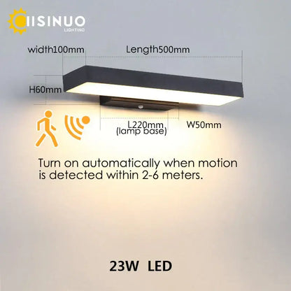 Modern black rectangular led wall light with dusk dawn motion sensor designed for outdoor use and energy efficiency