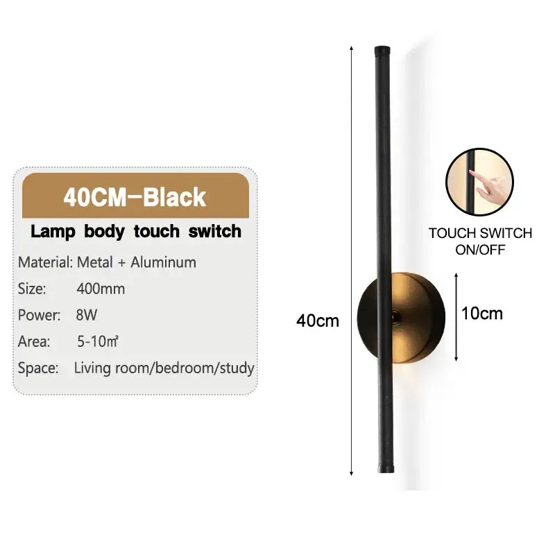 Modern black led wall sconce with dimmable touch switch featuring a sleek metal and aluminum body and brass base