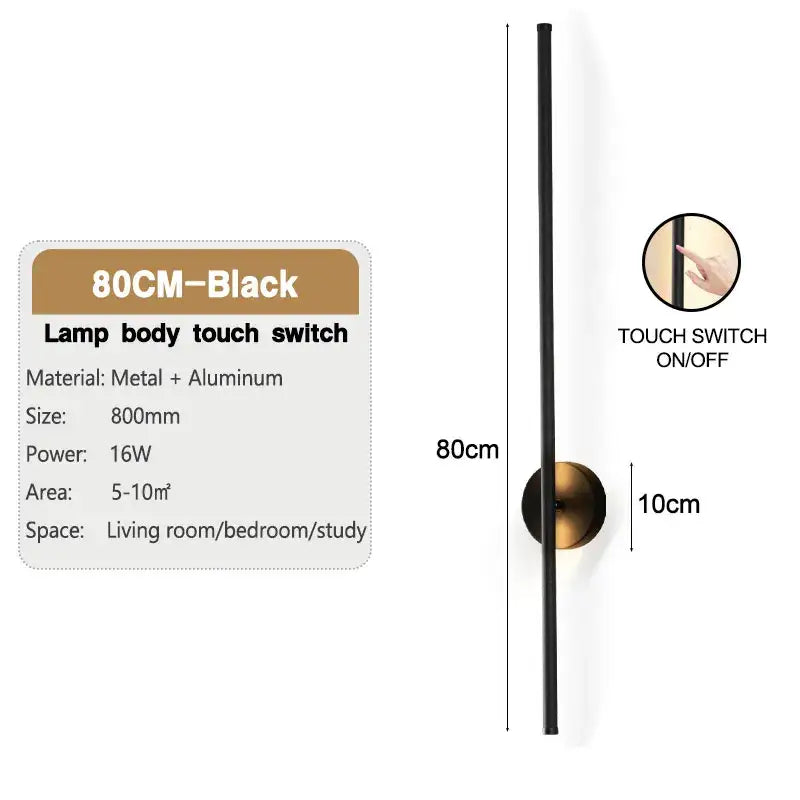 Modern black led wall sconce with dimmable touch switch featuring sleek metal and aluminum body and brass base for bedroom
