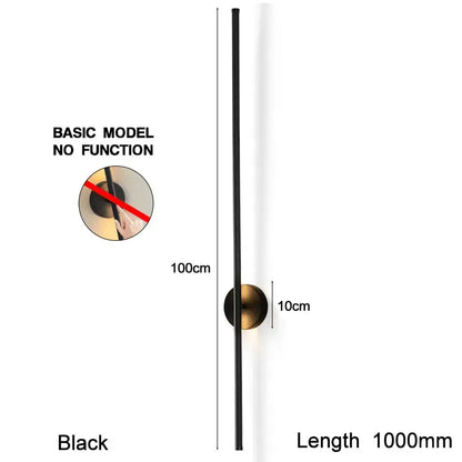Modern black led wall sconce with a dimmable touch switch featuring a sleek rod and antique brass base for bedrooms