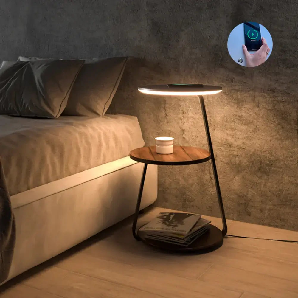 Modern black led wood shelf floor lamp with two-tier wooden shelves and sleek black metal frame for living room decorbites