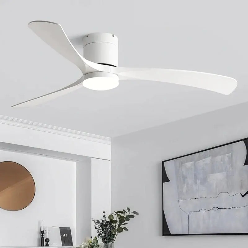 Modern black ceiling fan with light wood accents remote control sleek curved blades and integrated led lighting for bedroom