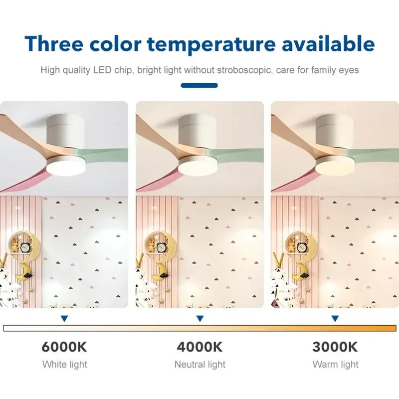 Modern black and light wood ceiling fan with remote control featuring sleek white motor and pastel blades with ambient lighting