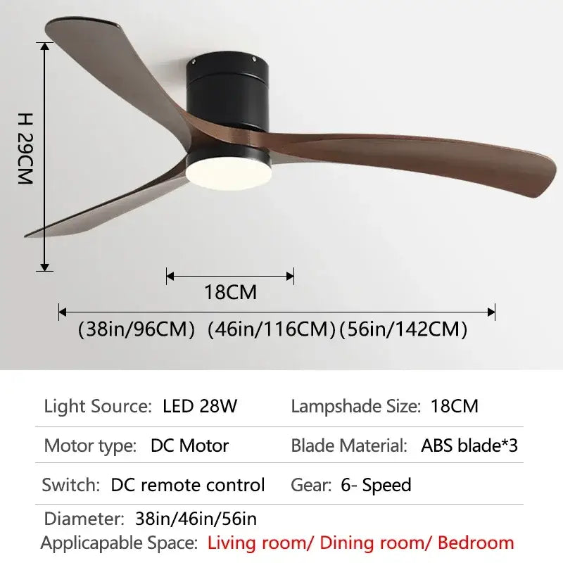 Modern black ceiling fan with three dark brown ABS blades and integrated LED light for bedroom with remote control