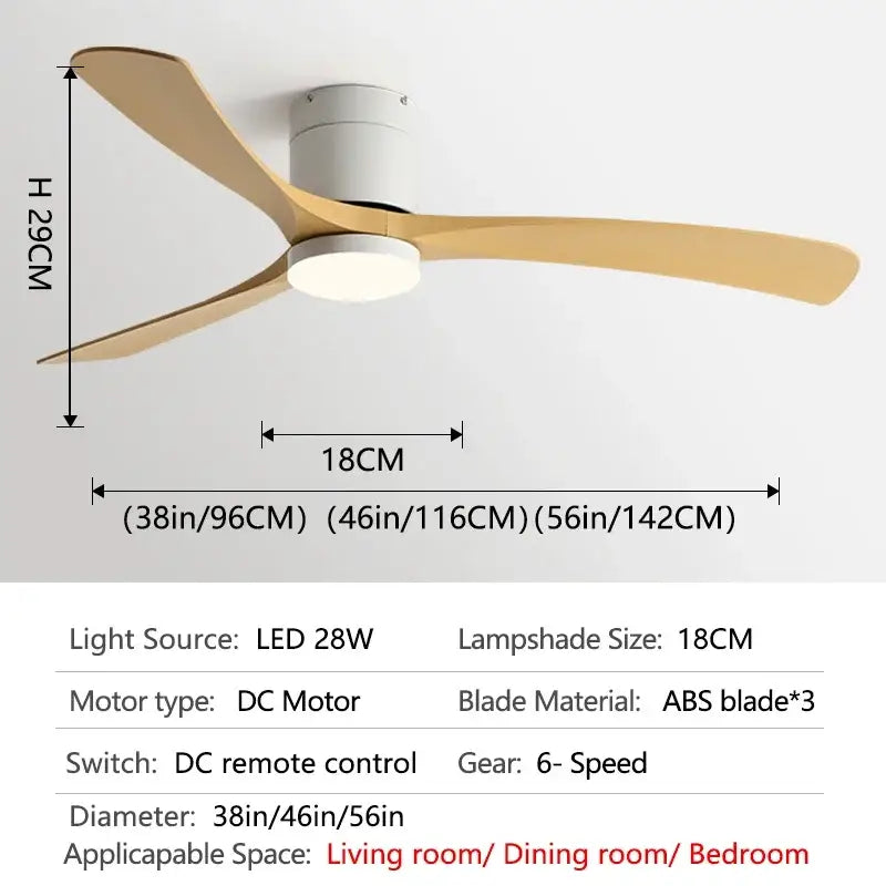 Modern black ceiling fan with light wood blades and remote control featuring integrated led lamp for bedroom use