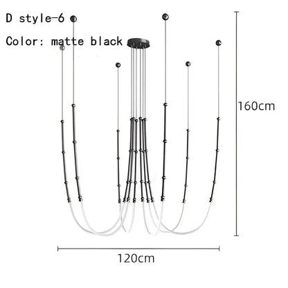Matte black d style-6 led chandelier with curved arms and spherical accents for modern dining decorbites leda black line