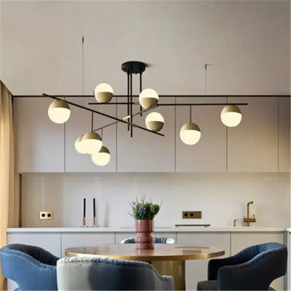 Modern black linear chandelier with multiple spherical frosted glass ball shades for kitchen decorbites glass ball design