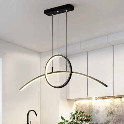 Modern black metal hanging linear design led light fixture with circular ring and curved arm for dining room