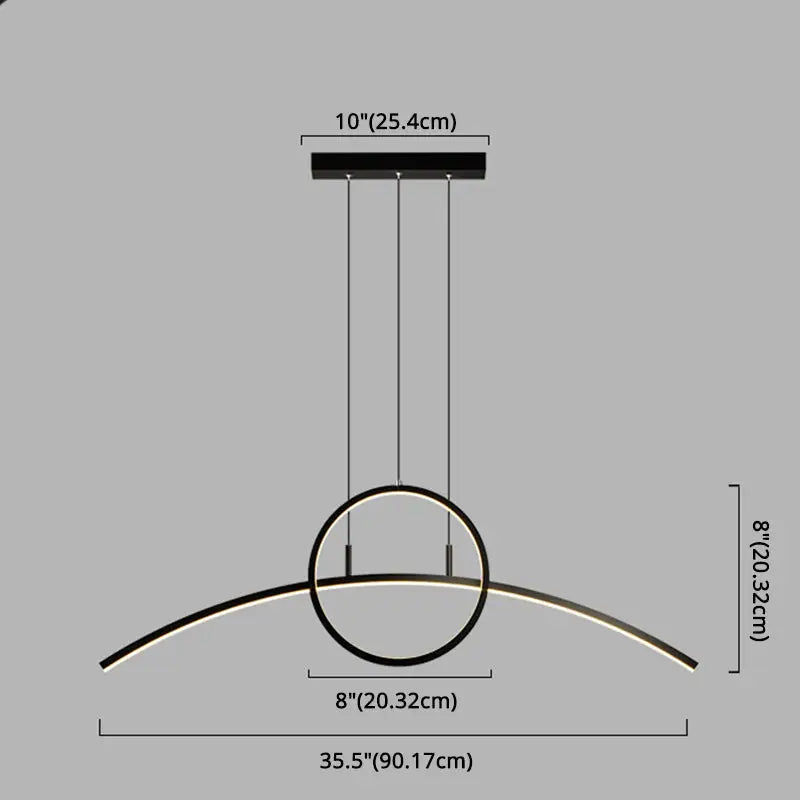 Modern black metal hanging light fixture with linear design and curved arc circular ring led lighting for dining room