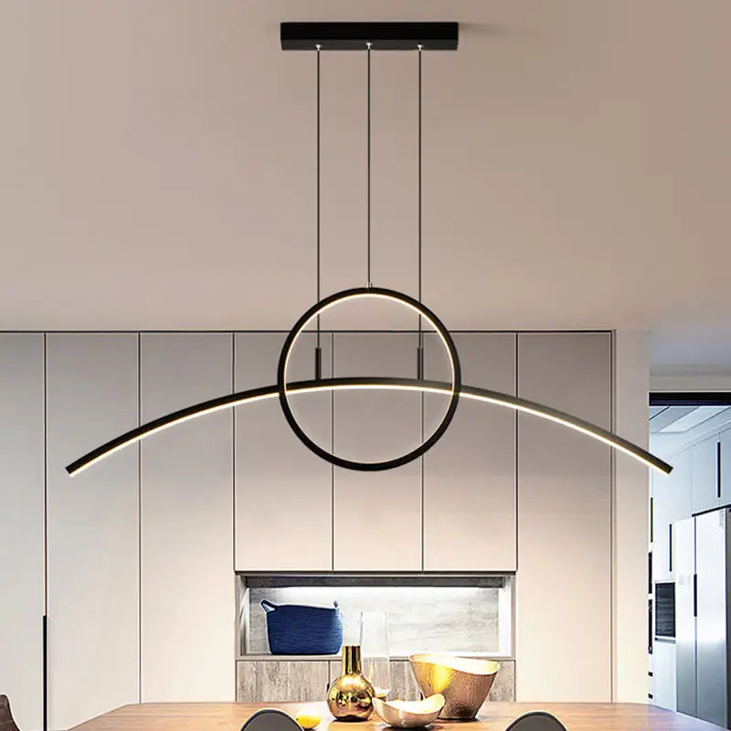 Modern black metal hanging light fixture with sleek curved led arc and linear design for dining room