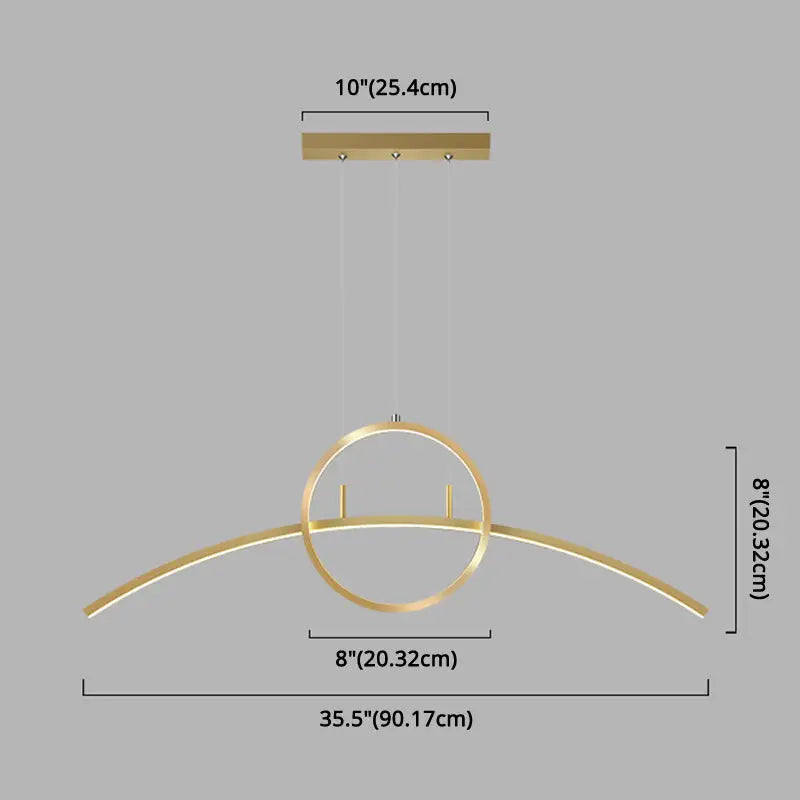 Modern gold-toned metal hanging light fixture with minimalist curved arm and circular ring in black linear design for dining room