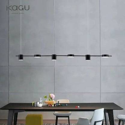 Modern black linear dimmable led ceiling chandelier with five cylindrical fixtures ideal for dining room decorbites dimmable led