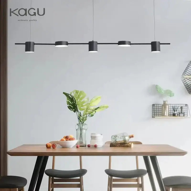 Modern black kagu linear pendant light with five cylindrical fixtures dimmable led ceiling chandelier for dining room decorbites dimmable led