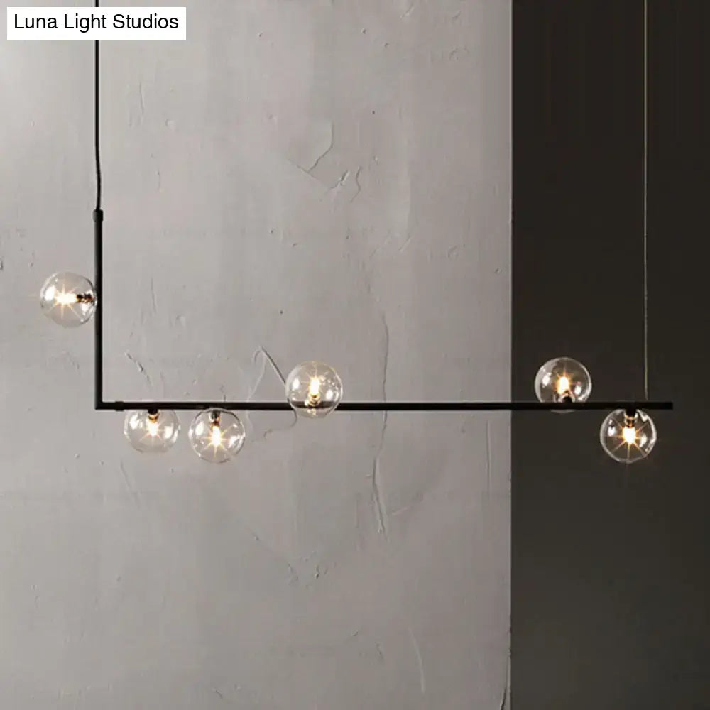 Modern black metal linear island pendant with five clear glass shade globe bulbs for dining room lighting