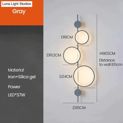 Gray modern black linear long led wall light with three circular leds and minimalist iron frame for living room sconce