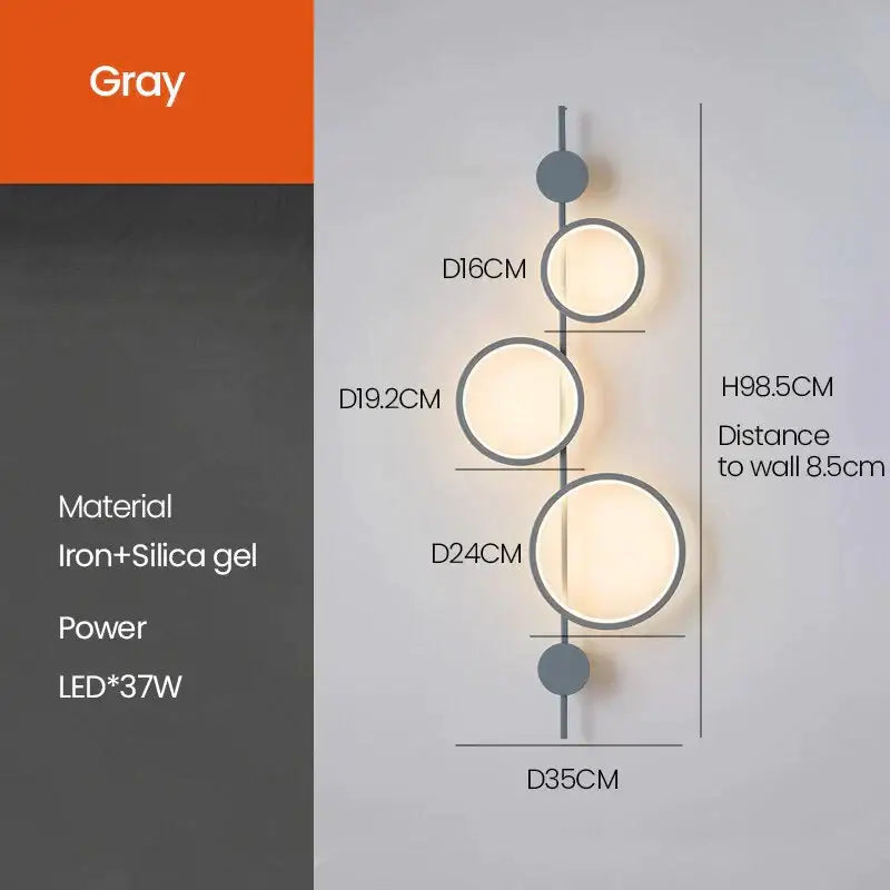 Gray modern black nordic linear long led wall sconce with three circular lights in iron and silica gel construction