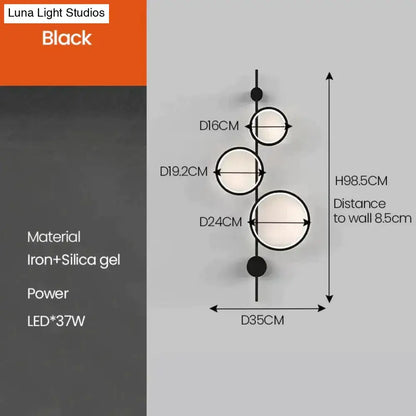 Modern black linear long led wall light with three circular iron and silica gel lights in minimalist nordic linear long design