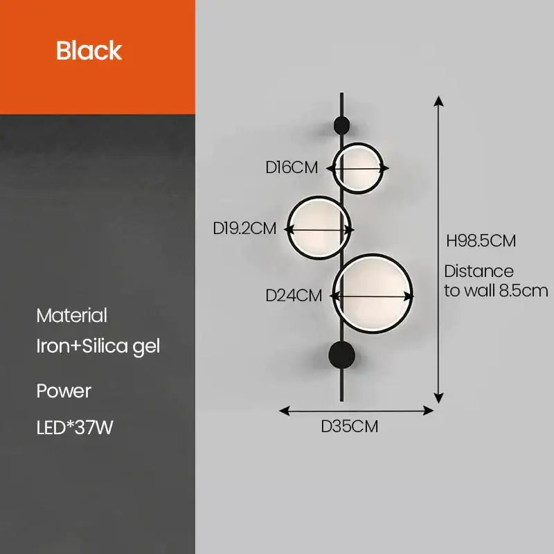 Modern black linear long led wall light with three circular led lights made of iron and silica gel for living room use