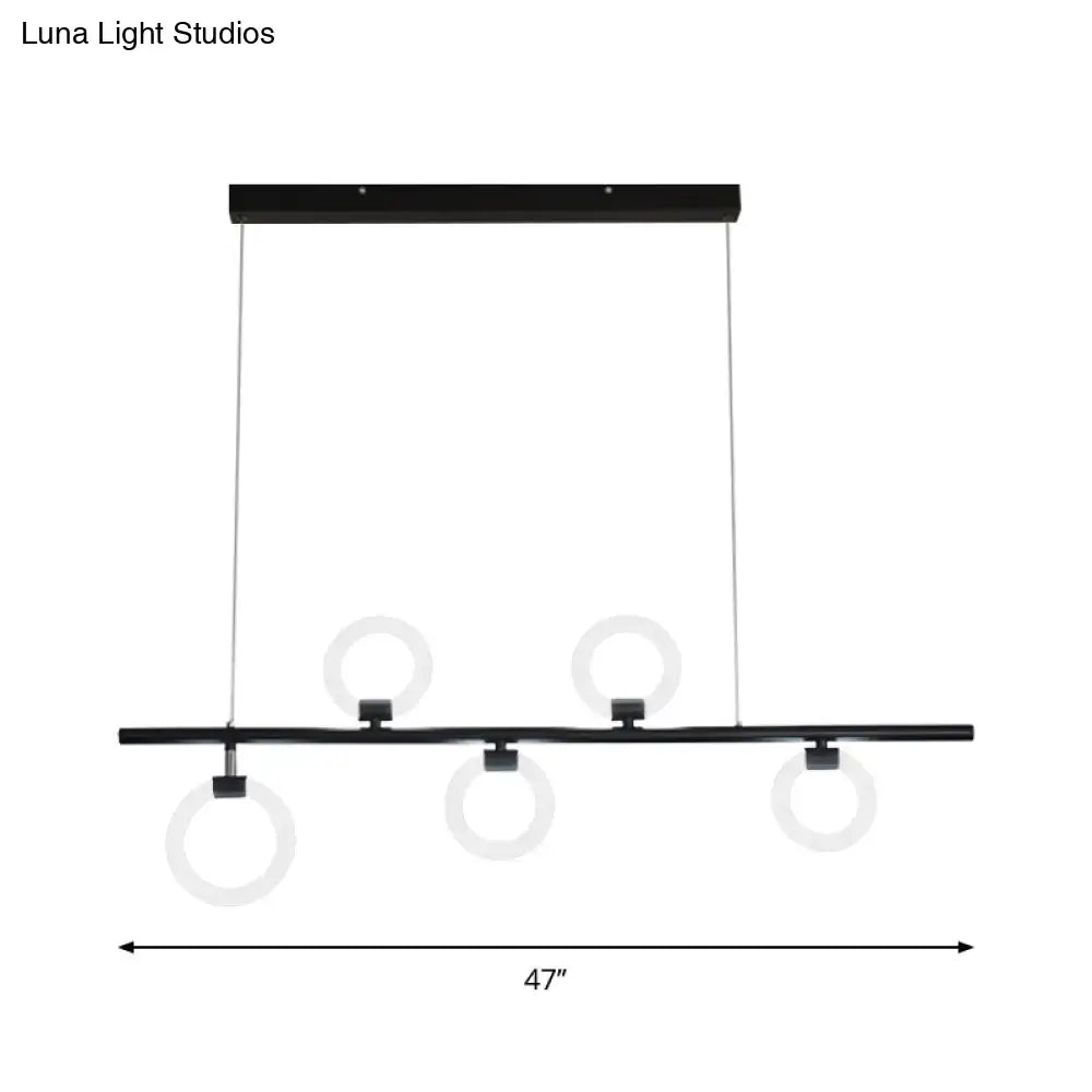 DecorBites™ modern black metallic chandelier light fixture with three frosted glass rings and linear metal design