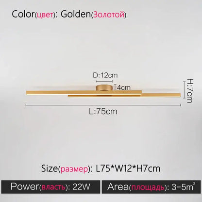 Golden modern nordic ceiling lamp with minimalist linear design and metallic finish for living room use