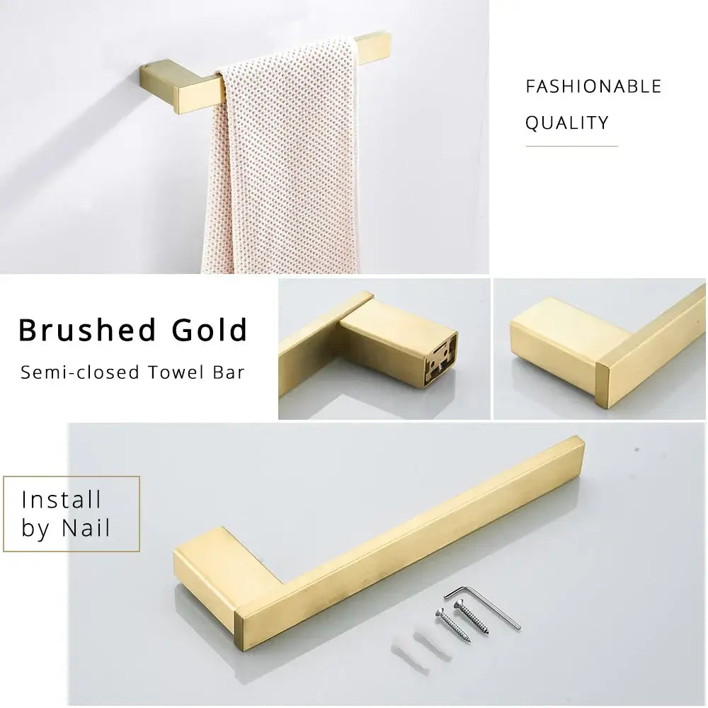 Brushed gold semi-closed towel bar from decorbites black matte bathroom hardware set with sleek modern design