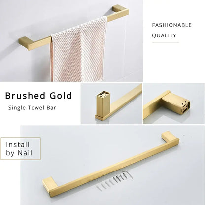 Brushed gold single towel bar with sleek modern design and square-ended fixtures from decorbites black matte hardware set