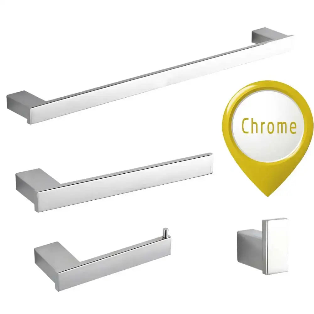 Set of modern chrome-finished bathroom hardware featuring sleek rectangular bars and hooks in decorbites black matte style