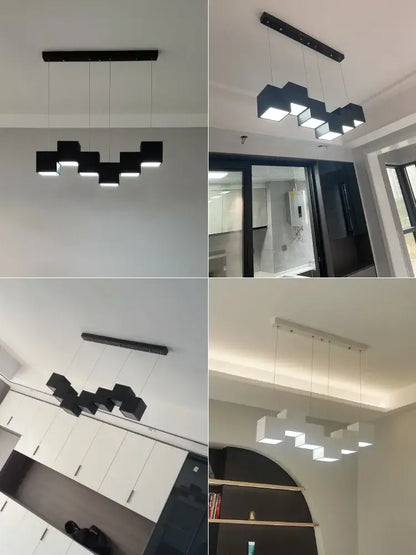 Modern black matte cube pendant lights with geometric design suspended from sleek bars for decorbites geometric dining room